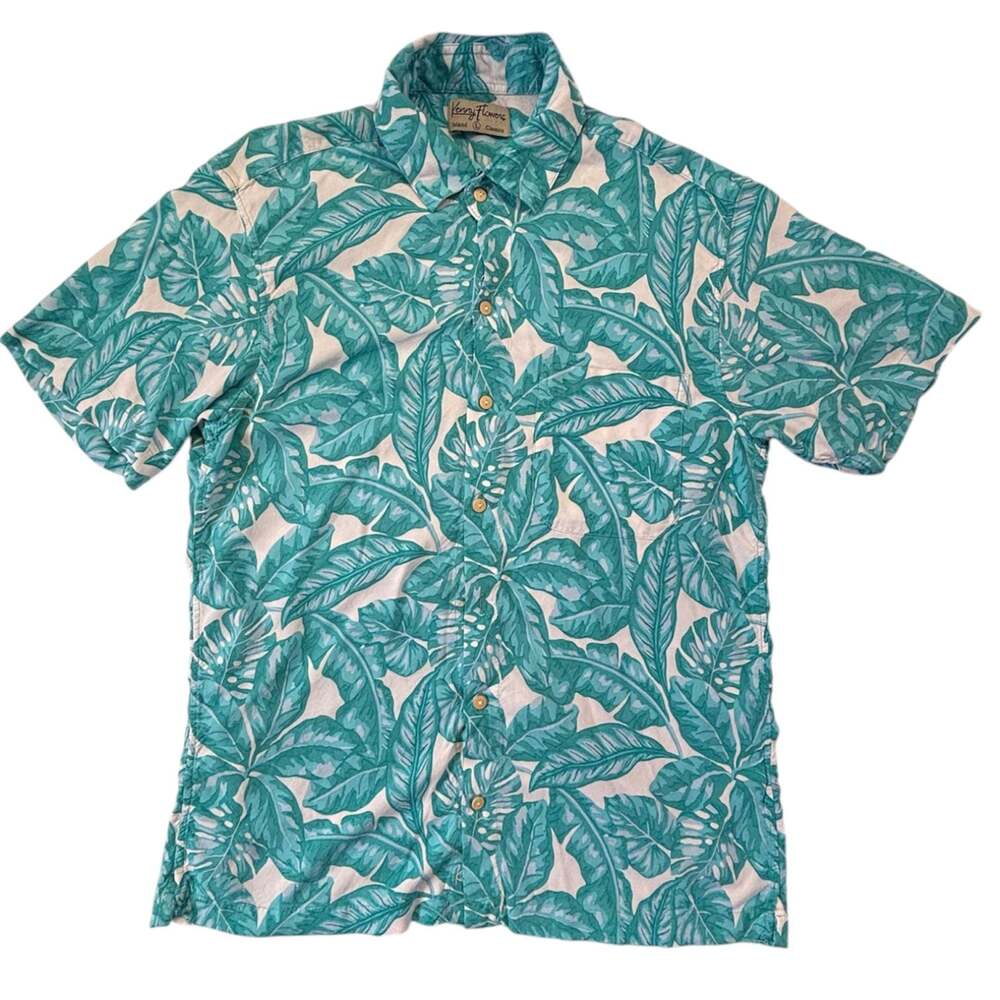 Kenny Flowers Men's Large Blue Tropical Leaf Hawaiian Rayon Island Classics Butt